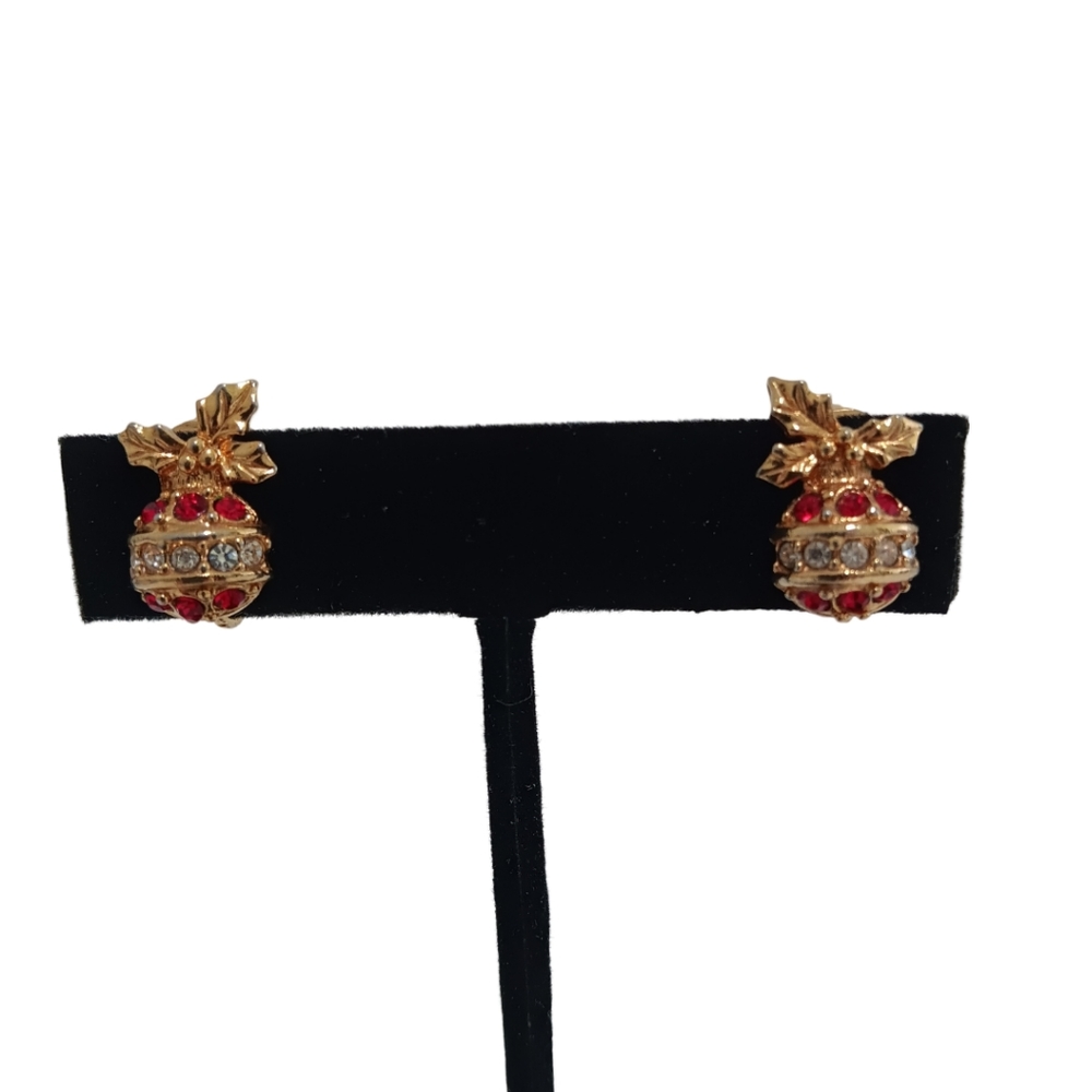 Vintage Avon Christmas Ornament Clip On Earrings Gold Tone Faux Diamond Ruby